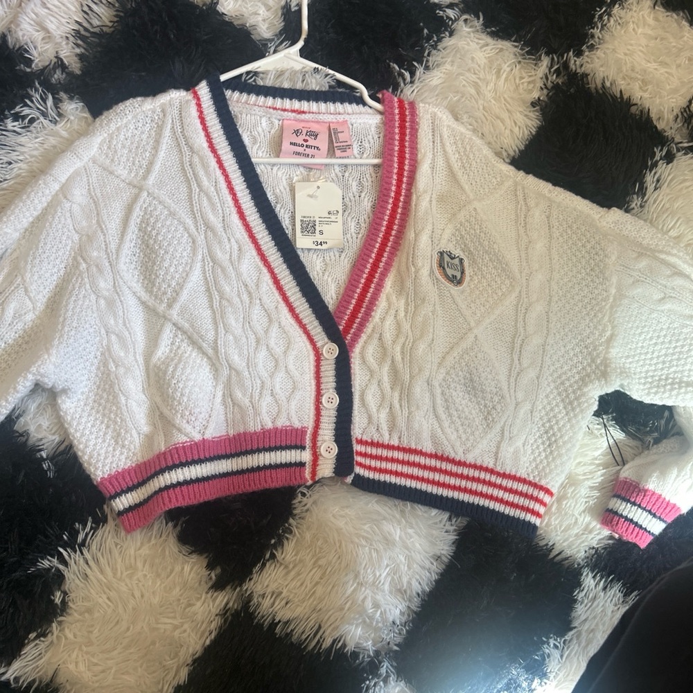 Hello Kitty White Cable Knit Cropped Cardigan with Pink & Navy Stripes